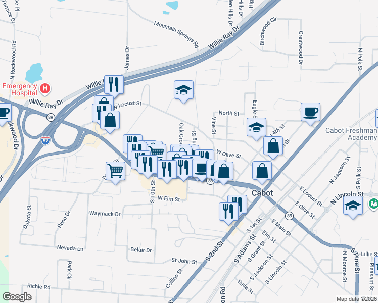 map of restaurants, bars, coffee shops, grocery stores, and more near 24 Spring Street in Cabot