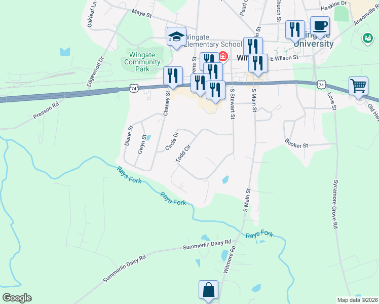 map of restaurants, bars, coffee shops, grocery stores, and more near 201 Todd Circle in Wingate