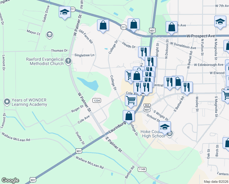 map of restaurants, bars, coffee shops, grocery stores, and more near 420 College Drive in Raeford