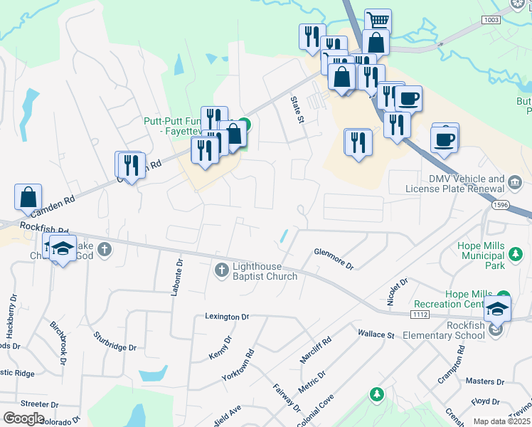 map of restaurants, bars, coffee shops, grocery stores, and more near 3557 Castlefield Lane in Fayetteville