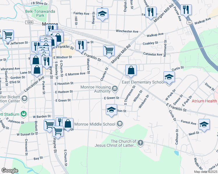 map of restaurants, bars, coffee shops, grocery stores, and more near 509 Everette Street in Monroe