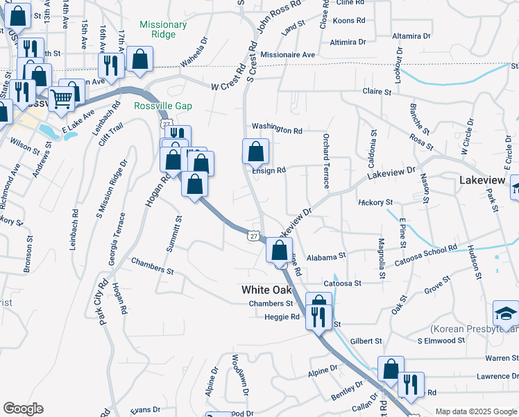 map of restaurants, bars, coffee shops, grocery stores, and more near 1310 South Crest Road in Rossville