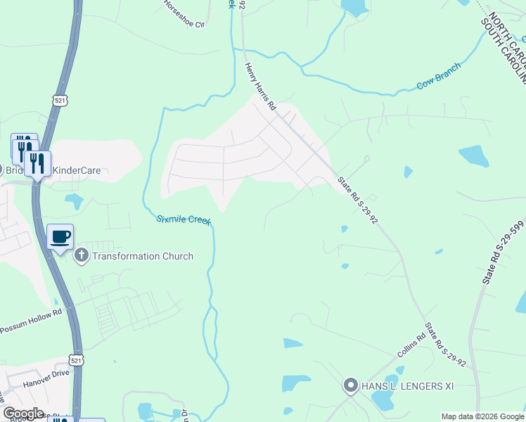 map of restaurants, bars, coffee shops, grocery stores, and more near 9268-9290 Henry Harris Road in Fort Mill