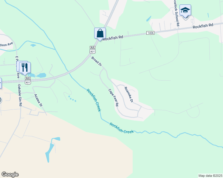 map of restaurants, bars, coffee shops, grocery stores, and more near 335 Cape Fear Road in Raeford