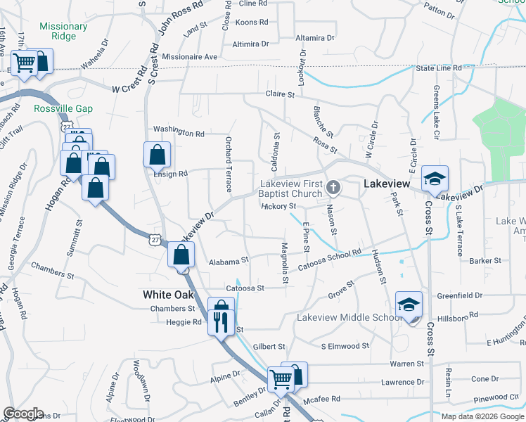 map of restaurants, bars, coffee shops, grocery stores, and more near 416 Hickory Street in Rossville