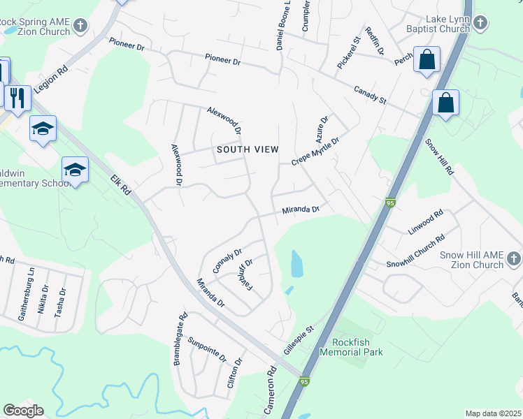 map of restaurants, bars, coffee shops, grocery stores, and more near 4745 Miranda Drive in Hope Mills