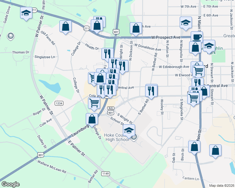 map of restaurants, bars, coffee shops, grocery stores, and more near in Raeford
