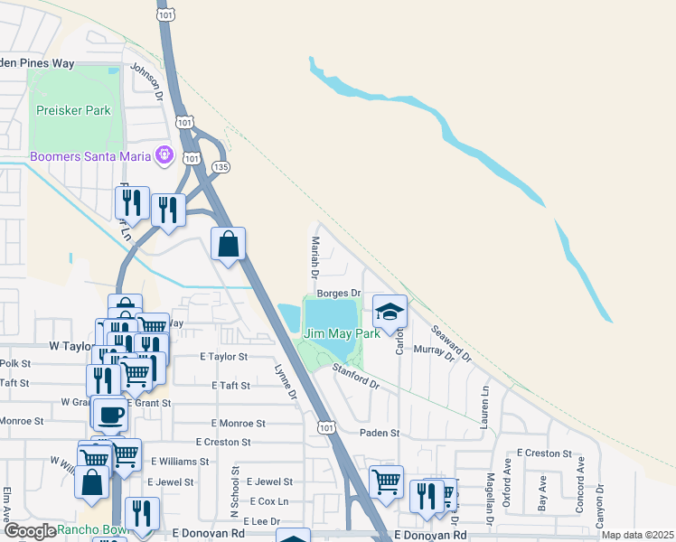 map of restaurants, bars, coffee shops, grocery stores, and more near 725 Brandy Court in Santa Maria