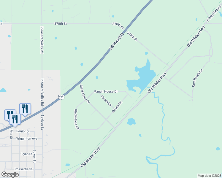 map of restaurants, bars, coffee shops, grocery stores, and more near 111 Ranch House Drive in Wister