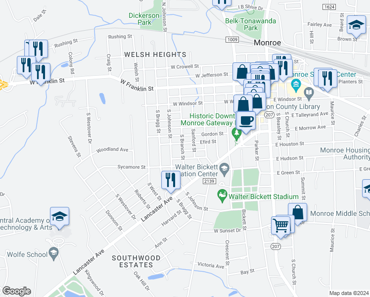 map of restaurants, bars, coffee shops, grocery stores, and more near 535 South Branch Street in Monroe