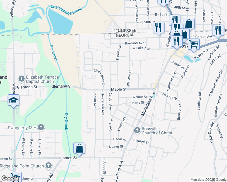 map of restaurants, bars, coffee shops, grocery stores, and more near 615 Flegal Avenue in Rossville