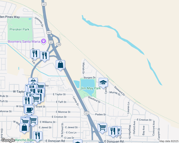 map of restaurants, bars, coffee shops, grocery stores, and more near 725 Brandy Court in Santa Maria