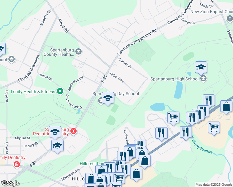 map of restaurants, bars, coffee shops, grocery stores, and more near 1705 Skylyn Drive in Spartanburg