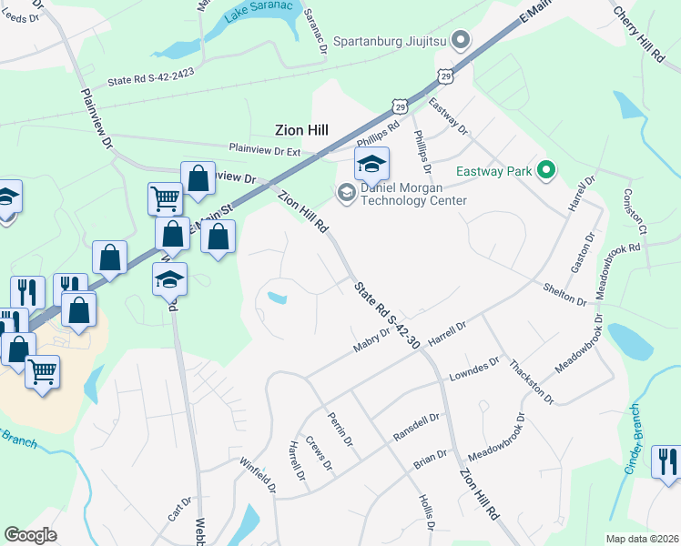 map of restaurants, bars, coffee shops, grocery stores, and more near 104 Cypress Lane in Spartanburg
