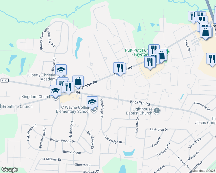map of restaurants, bars, coffee shops, grocery stores, and more near 3422 Marty Circle in Hope Mills