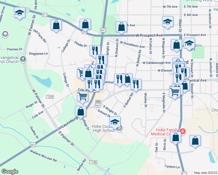 map of restaurants, bars, coffee shops, grocery stores, and more near 116 North Wright Street in Raeford