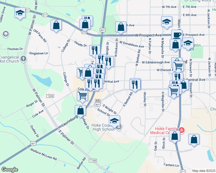 map of restaurants, bars, coffee shops, grocery stores, and more near 116 North Wright Street in Raeford
