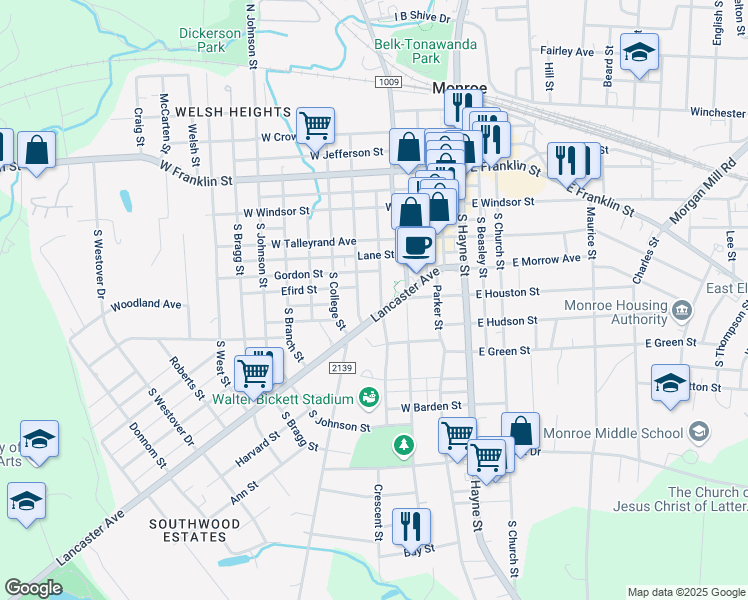 map of restaurants, bars, coffee shops, grocery stores, and more near 402 South Washington Street in Monroe