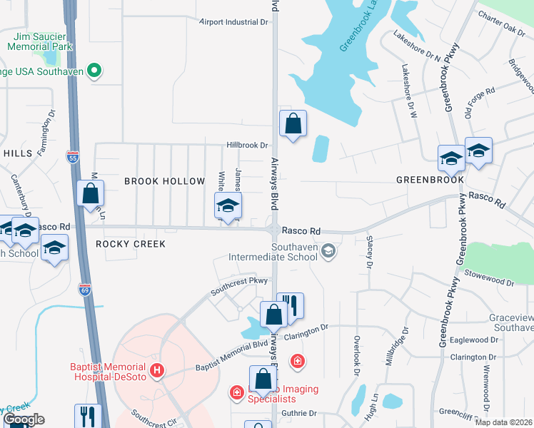 map of restaurants, bars, coffee shops, grocery stores, and more near 8013 Airways Boulevard in Southaven