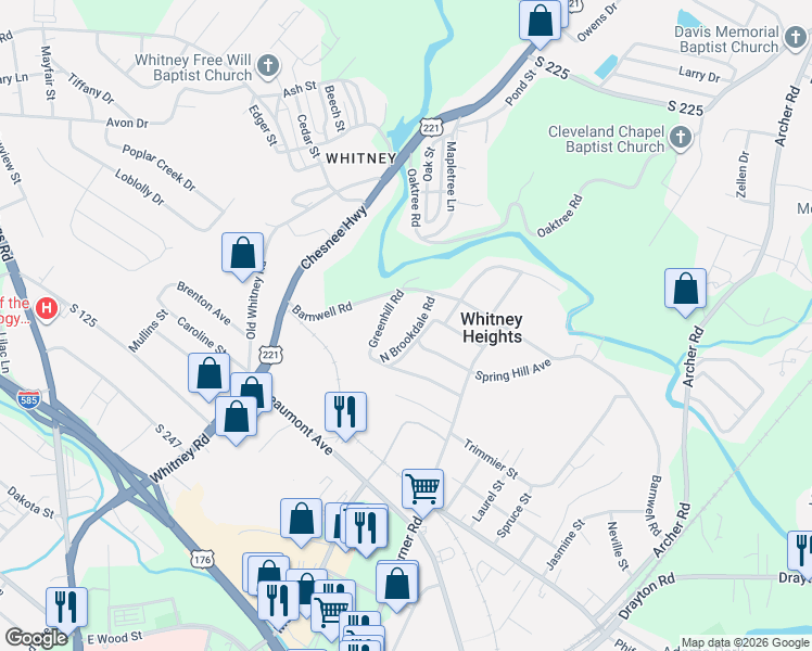 map of restaurants, bars, coffee shops, grocery stores, and more near 742 Greenhill Road in Spartanburg