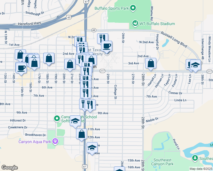 map of restaurants, bars, coffee shops, grocery stores, and more near 510 25th St in Canyon