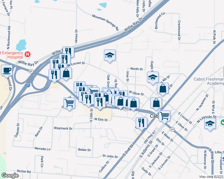 map of restaurants, bars, coffee shops, grocery stores, and more near 24 Spring Street in Cabot