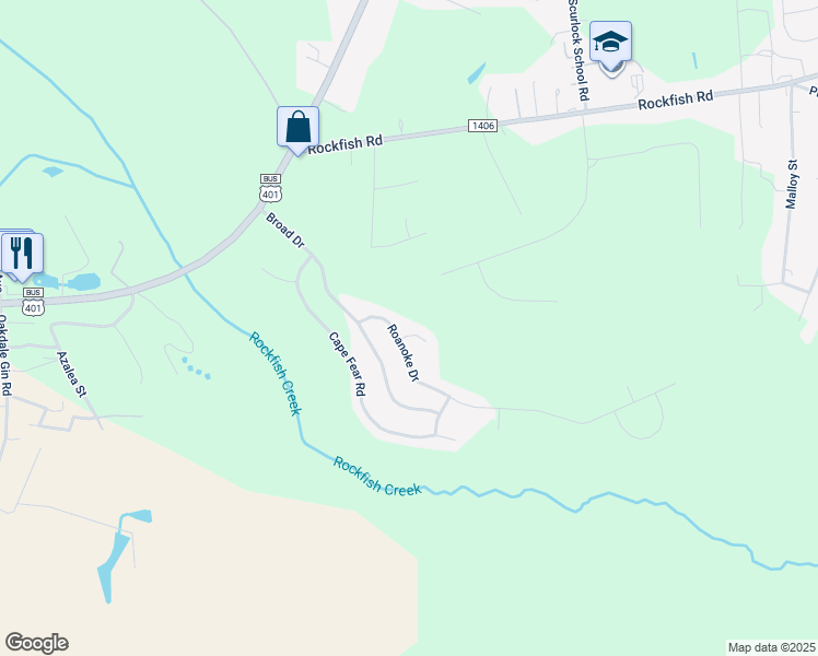 map of restaurants, bars, coffee shops, grocery stores, and more near 127 Chowan Court in Raeford