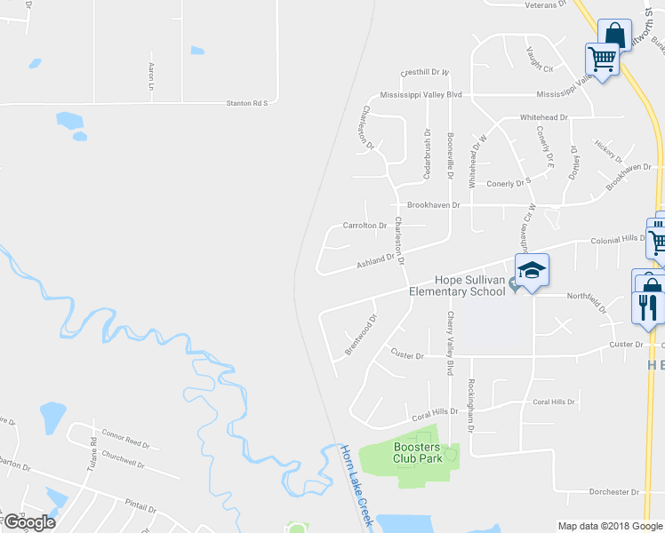 map of restaurants, bars, coffee shops, grocery stores, and more near 2358 Ashland Drive in Southaven