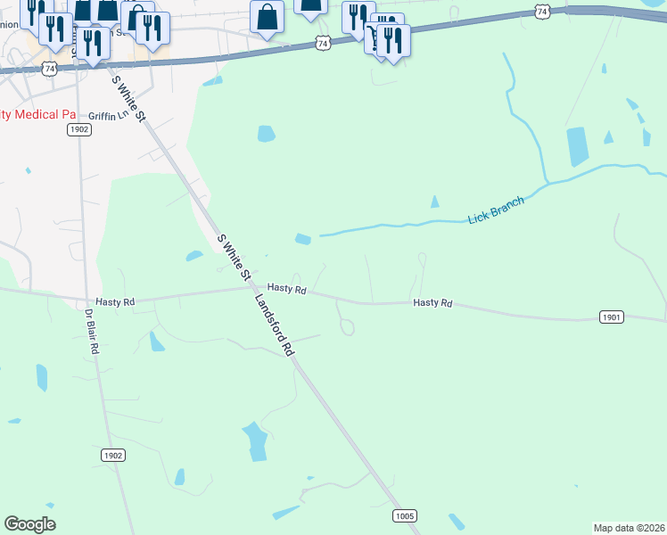 map of restaurants, bars, coffee shops, grocery stores, and more near 1515 Hasty Road in Marshville