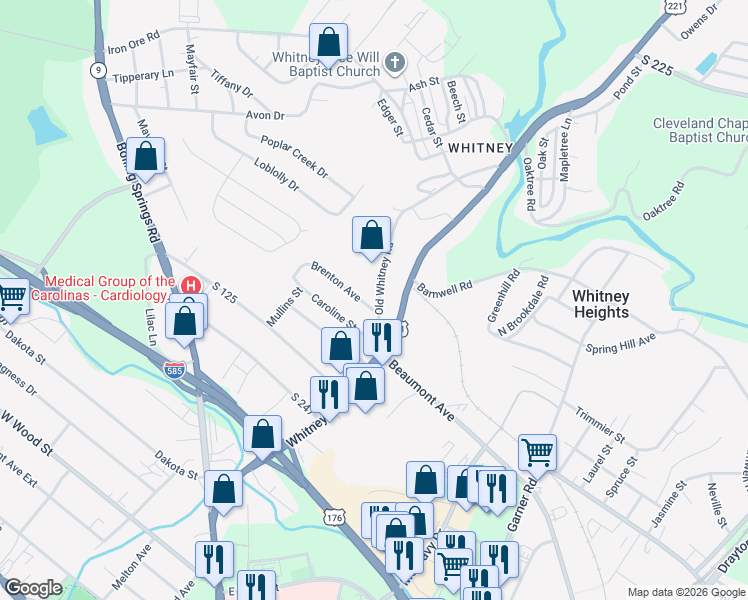 map of restaurants, bars, coffee shops, grocery stores, and more near 630 Old Whitney Road in Spartanburg