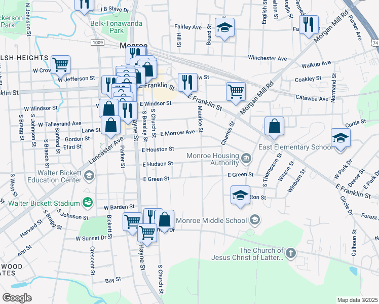 map of restaurants, bars, coffee shops, grocery stores, and more near 318 East Houston Street in Monroe