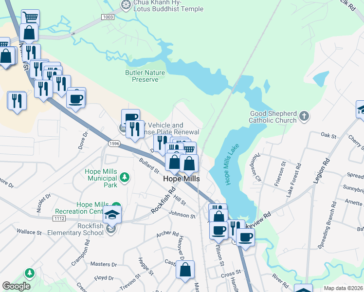 map of restaurants, bars, coffee shops, grocery stores, and more near 5510 Brown Street in Hope Mills