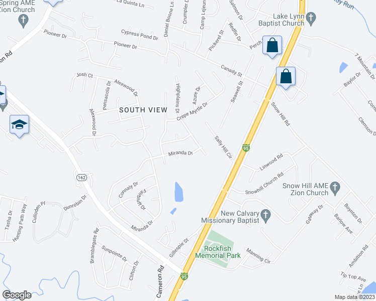 map of restaurants, bars, coffee shops, grocery stores, and more near 5617 Miranda Drive in Hope Mills