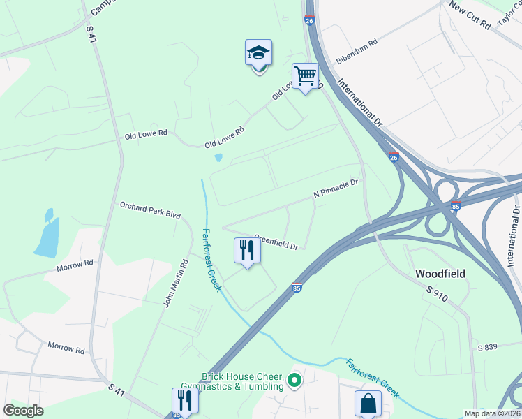 map of restaurants, bars, coffee shops, grocery stores, and more near 6324 North Pinnacle Drive in Spartanburg