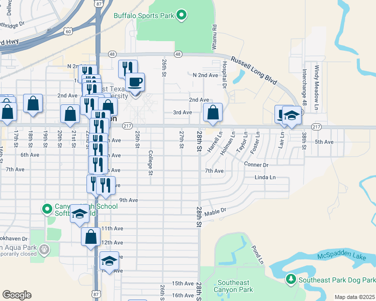map of restaurants, bars, coffee shops, grocery stores, and more near 2707 6th Avenue in Canyon