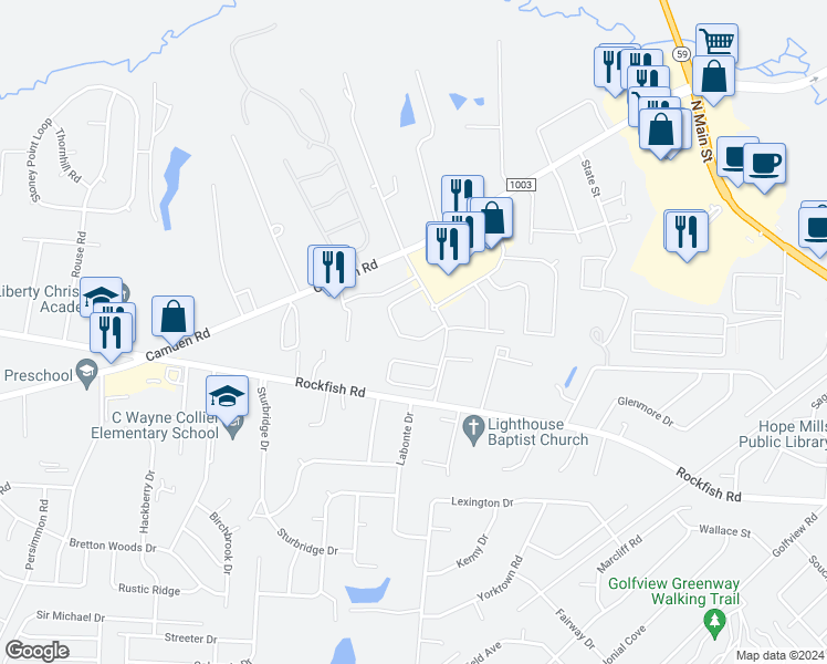 map of restaurants, bars, coffee shops, grocery stores, and more near 3545 Birchfield Court in Hope Mills