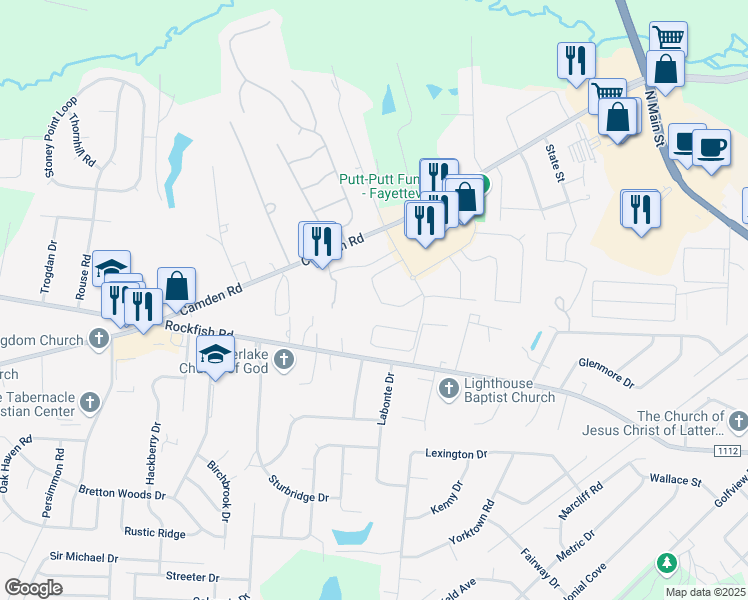 map of restaurants, bars, coffee shops, grocery stores, and more near 3545 Birchfield Court in Hope Mills