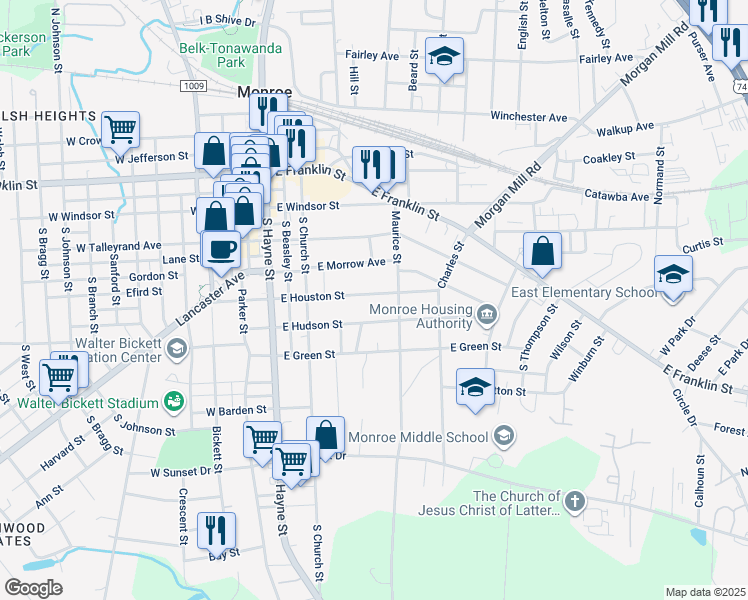 map of restaurants, bars, coffee shops, grocery stores, and more near 318 East Houston Street in Monroe