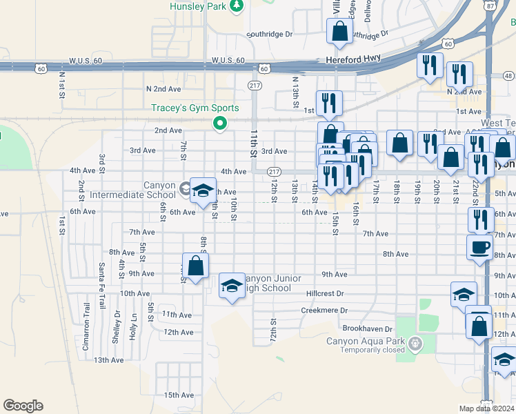 map of restaurants, bars, coffee shops, grocery stores, and more near 1101 6th Avenue in Canyon