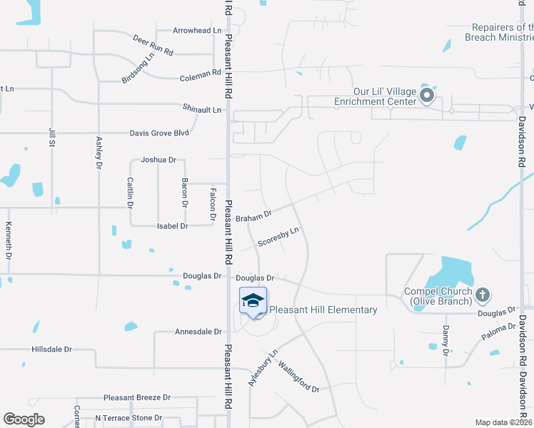map of restaurants, bars, coffee shops, grocery stores, and more near Braham Drive in Olive Branch