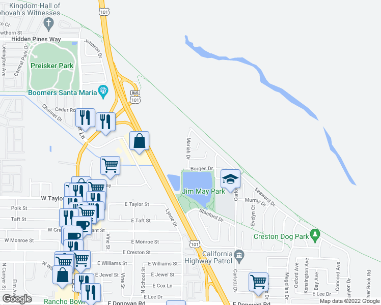 map of restaurants, bars, coffee shops, grocery stores, and more near 704 Kelsey Court in Santa Maria