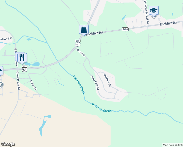 map of restaurants, bars, coffee shops, grocery stores, and more near 275 Cape Fear Road in Raeford
