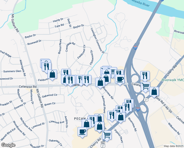map of restaurants, bars, coffee shops, grocery stores, and more near 1364 Riverview Road in Rock Hill
