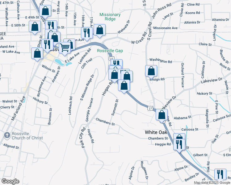 map of restaurants, bars, coffee shops, grocery stores, and more near 805 1/2 Chickamauga Avenue in Rossville