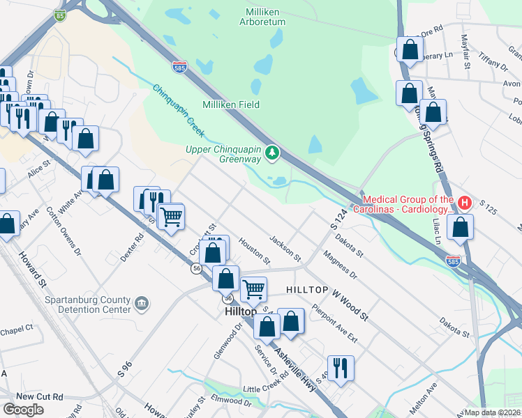 map of restaurants, bars, coffee shops, grocery stores, and more near 734 Magness Drive in Spartanburg