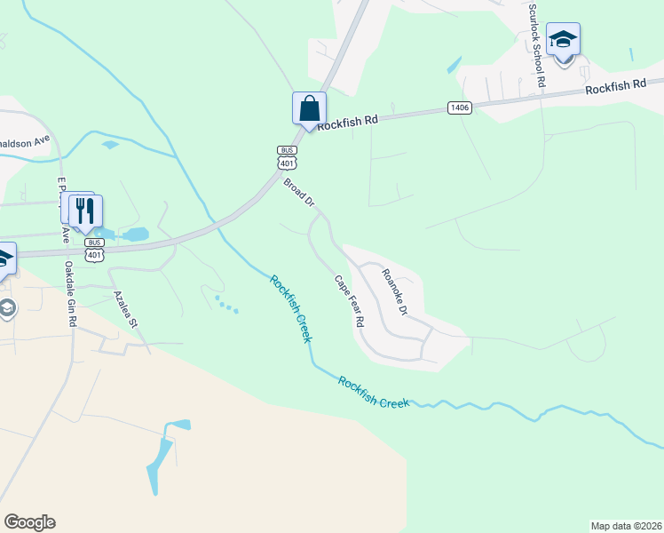 map of restaurants, bars, coffee shops, grocery stores, and more near 289 Cape Fear Road in Raeford