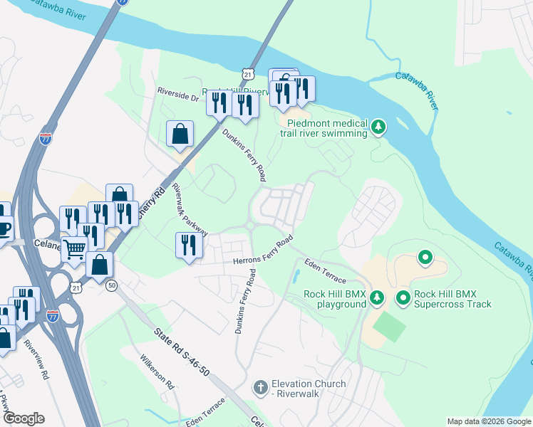 map of restaurants, bars, coffee shops, grocery stores, and more near 329 Mariemont Way in Rock Hill