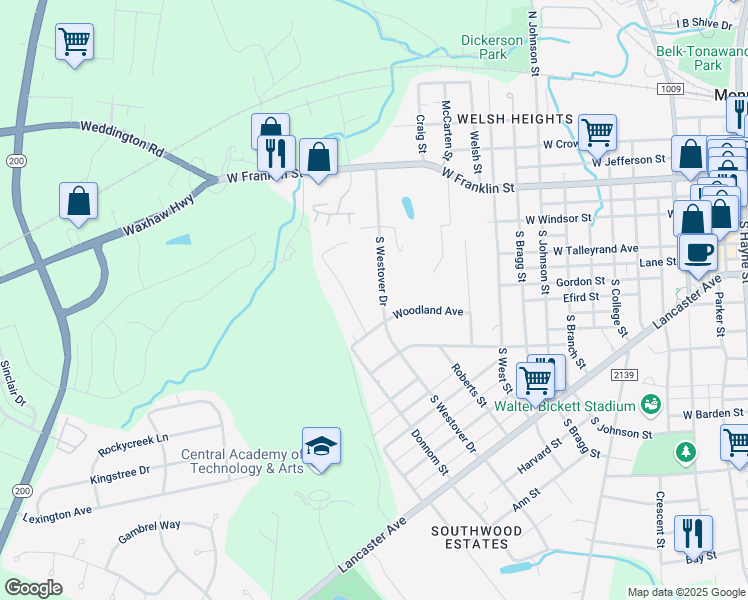 map of restaurants, bars, coffee shops, grocery stores, and more near 120 South Westover Drive in Monroe