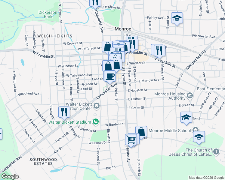 map of restaurants, bars, coffee shops, grocery stores, and more near 204 West Houston Street in Monroe