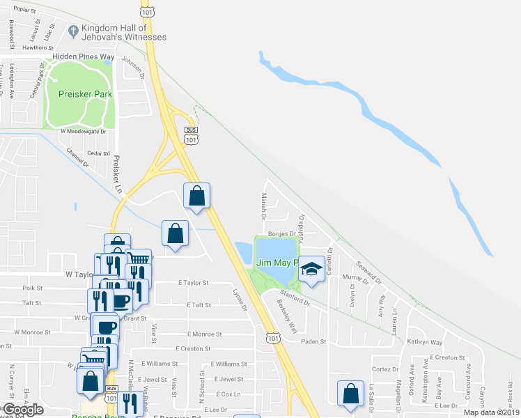 map of restaurants, bars, coffee shops, grocery stores, and more near 2027 Mariah Drive in Santa Maria